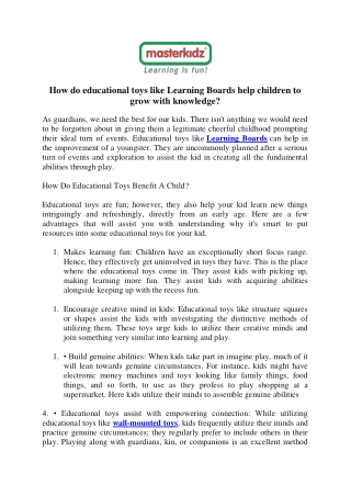 How do educational toys like Learning Boards help children to grow with knowledge