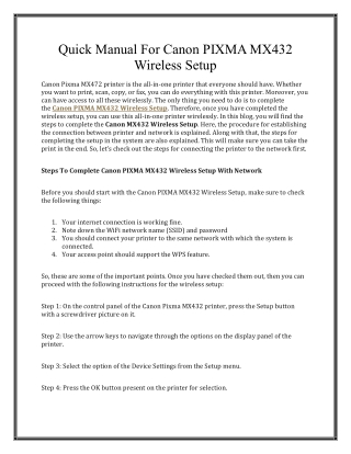 Quick Manual For Canon PIXMA MX432 Wireless Setup