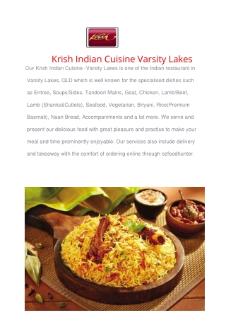 15% Off - Krish Indian Cuisine Varsity Lakes menu, QLD