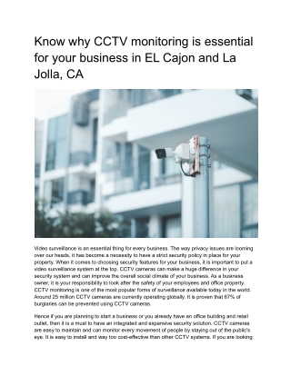 Know why CCTV monitoring is essential for your business in EL Cajon and La Jolla, CA