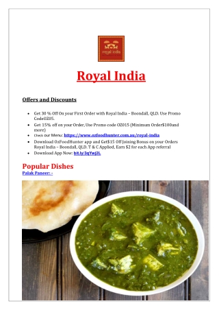 Royal India Cairns takeaway menu - 30% off your order.