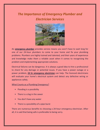 The Importance of Emergency Plumber and Electrician Services