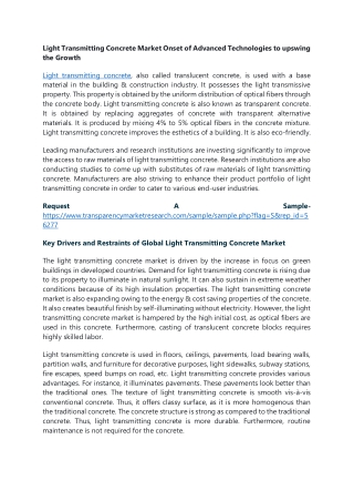 Light Transmitting Concrete Market Onset of Advanced Technologies to upswing the