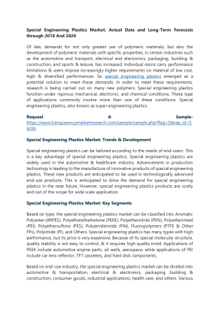 Special Engineering Plastics Market: Actual Data and Long-Term Forecasts through