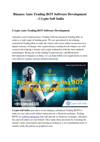 Binance Auto Trading BOT Software Development - Crypto Soft India