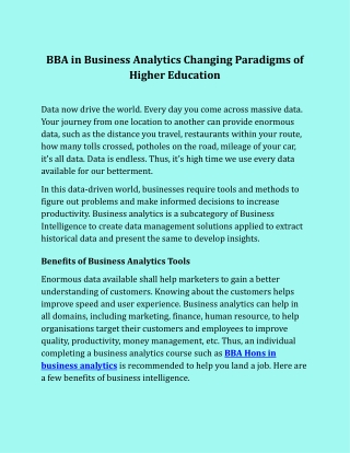BBA in Business Analytics Changing Paradigms of Higher Education
