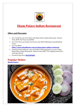 5% Off - Ekam Palace Indian Restaurant Menu Banora Point, NSW