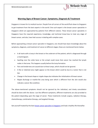 Warning Signs of Breast Cancer Symptoms, Diagnosis & Treatment