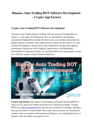 Binance Auto Trading BOT Software Development - Crypto App Factory