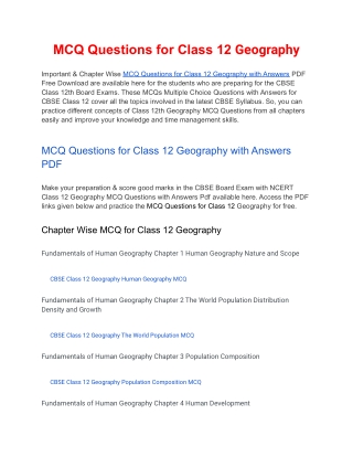 MCQs Class 12 Geography with Answers PDF Download