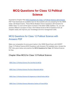 MCQs Class 12 Political Science with Answers PDF Download