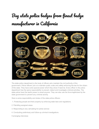 Buy state police badges from finest badge manufacturer in California