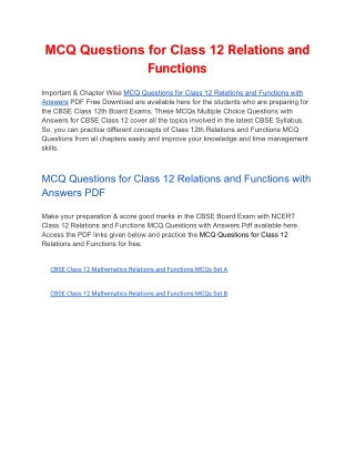 MCQs Class 12 Relations and Functions with Answers PDF Download