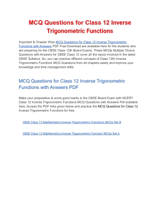 MCQs Class 12 Inverse Trigonometric Functions with Answers PDF Download