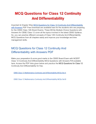 MCQs Class 12 Continuity And Differentiability with Answers PDF Download