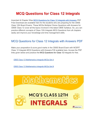 MCQs Class 12 Integrals with Answers PDF Download