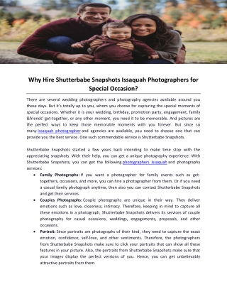 Why Hire Shutterbabe Snapshots Issaquah Photographers for Special Occasion