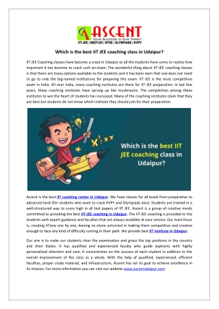 Which is the best IIT JEE coaching class in Udaipur