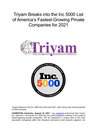 Triyam Breaks into the Inc 5000 List of America’s Fastest-Growing Private Companies for 2021