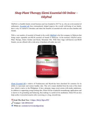 Shop Plant Therapy Elemi Essential Oil Online - OilyPod