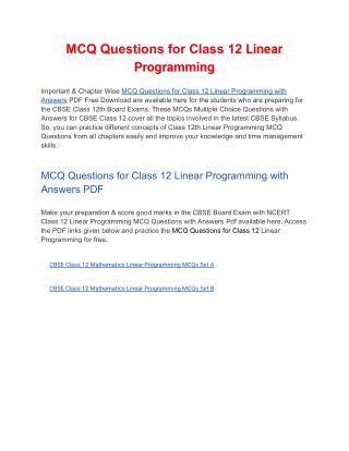 MCQs Class 12 Linear Programming with Answers PDF Download