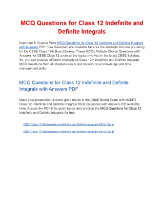 MCQs Class 12 Indefinite and Definite Integrals with Answers PDF Download