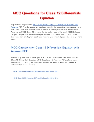 MCQs Class 12 Differentials Equation with Answers PDF Download