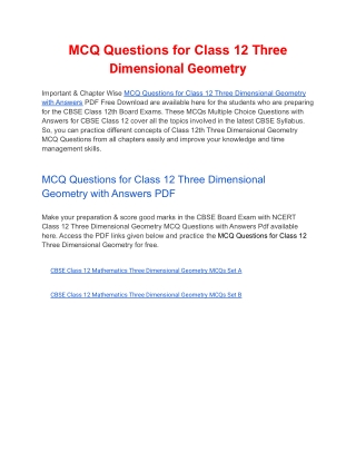 MCQs Class 12 Three Dimensional Geometry with Answers PDF Download