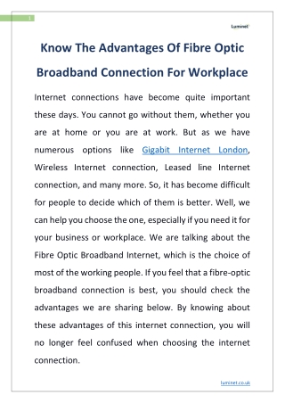 Know The Advantages Of Fibre Optic Broadband Connection For Workplace