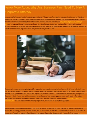 Know More About Why Any Business Firm Need To Hire A Corporate Attorney