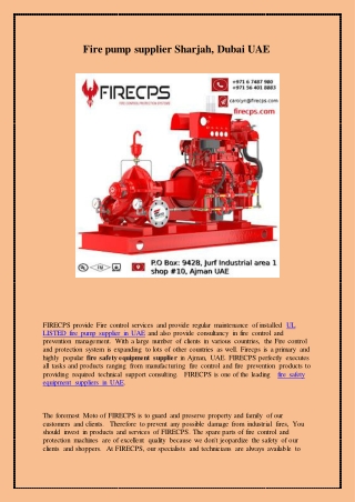 Fire pump supplier Sharjah, Dubai UAE