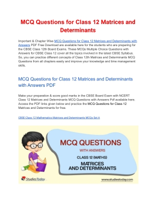 MCQs Class 12 Matrices and Determinants with Answers PDF Download