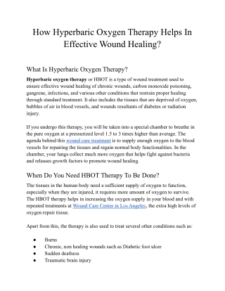 How Hyperbaric Oxygen Therapy Helps In Effective Wound Healing