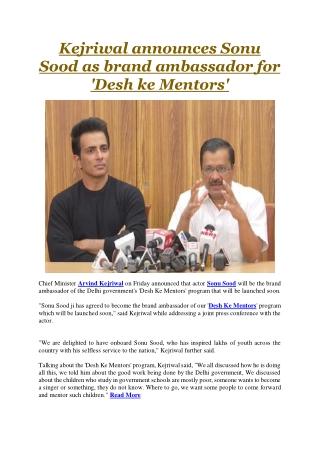 Kejriwal announces Sonu Sood as brand ambassador for 'Desh ke Mentors'