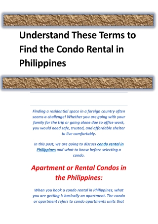Understand These Terms to Find the Condo Rental in Philippines