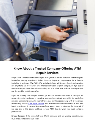 Know About a Trusted Company Offering ATM Repair Services