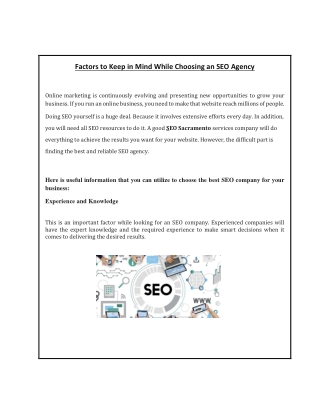 Factors to Keep in Mind While Choosing an SEO Agency