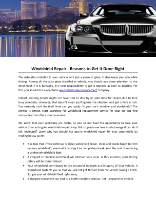 Windshield Repair - Reasons to Get It Done Right