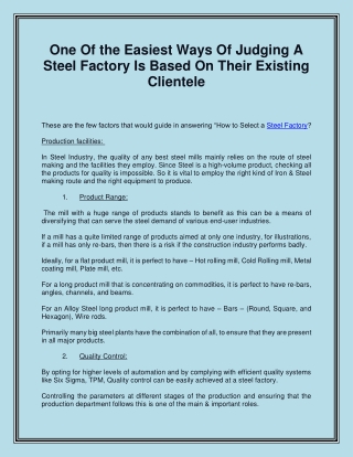 One Of The Easiest Ways Of Judging A Steel Factory Is Based On Their Existing Clientele
