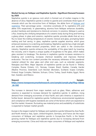 Market Survey on Feldspar and Nepheline Syenite : Significant Demand Foreseen by