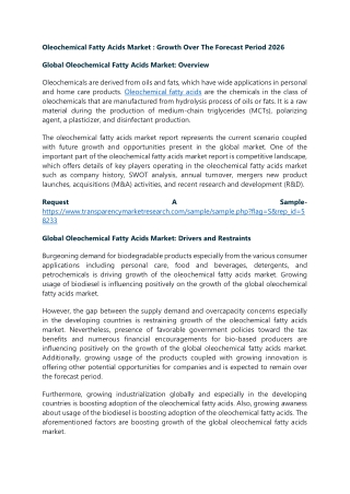 Oleochemical Fatty Acids Market : Growth Over The Forecast Period 2026