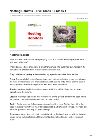 Nesting Habitats - EVS Class 3 / Class 4 | Birds and their nests