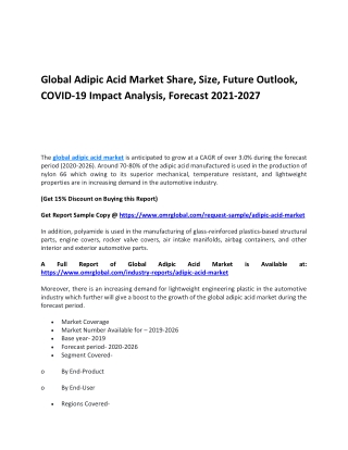 Global Adipic Acid Market Share, Size, Future Outlook, COVID-19 Impact Analysis