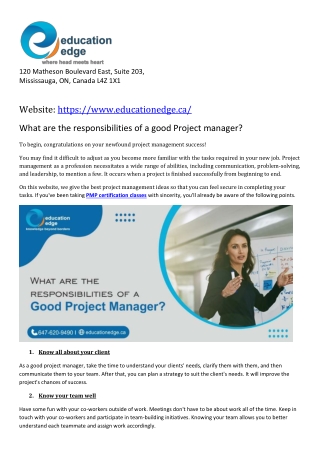 What are the responsibilities of a good Project manager