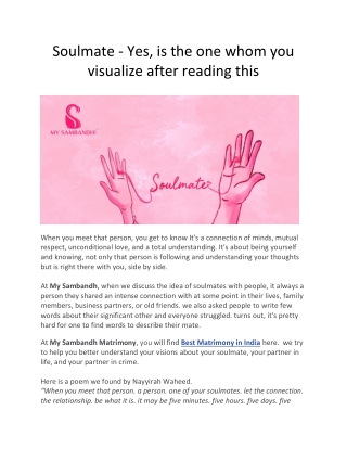 Soulmate - Yes, is the one whom you visualize after reading this