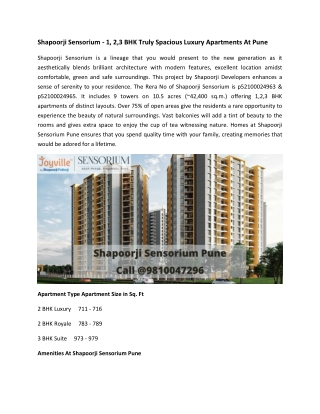 Shapoorji Sensorium - 1, 2,3 BHK Truly Spacious Luxury Apartments At Pune