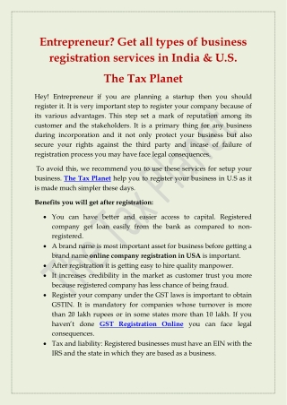 Get all types of business registration services in India- The Tax Planet