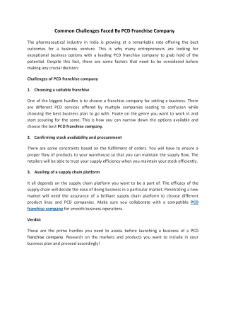 Common Challenges Faced By PCD Franchise Company