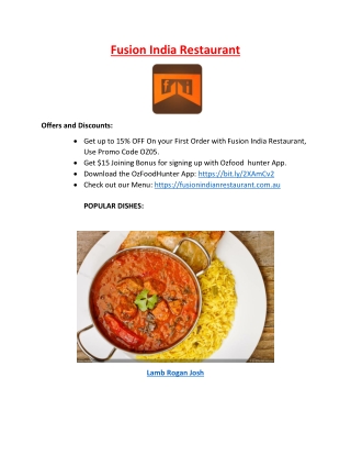 15% off - Fusion India Menu Restaurant Flinders Park, SA