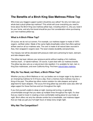 The Benefits of a Birch King Size Mattress Pillow Top